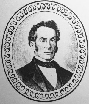A drawing of Judge Ozias Bowen, with short black hair , long sideburns, a tuit and a serious expression. 