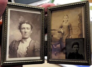 Black-and-white photos of a stern-looking woman on the left and another grandmother as a child and young woman on the right.