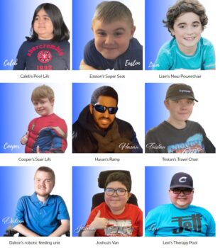 Photo of 9 kids with Duchenne muscular dystrophy. Under the children's photos are descriptions of items provided by My DMD Hero. They include a pool lifts, power chairs, ramps, a van, and a robotic feeding unit. 