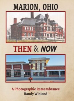 Book cover with title, a historic building and a current building