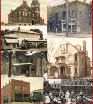 A collection of historic buildings in black and white or sepia tone. A horse-drawn cart is visible in one photo.