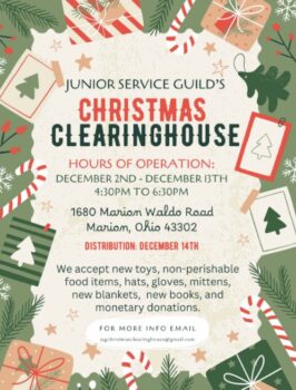 decorative graphic about the Christmas Clearinghouse drop-off dec. 2 - 13 from 4:30-6:30 pm at 1680 Marion-Waldo Road. 
