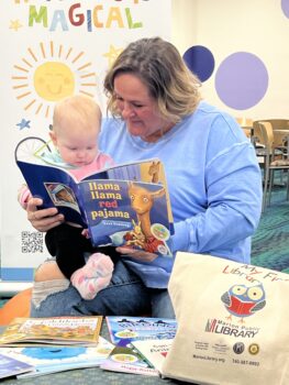 A woman reads to a toddler.